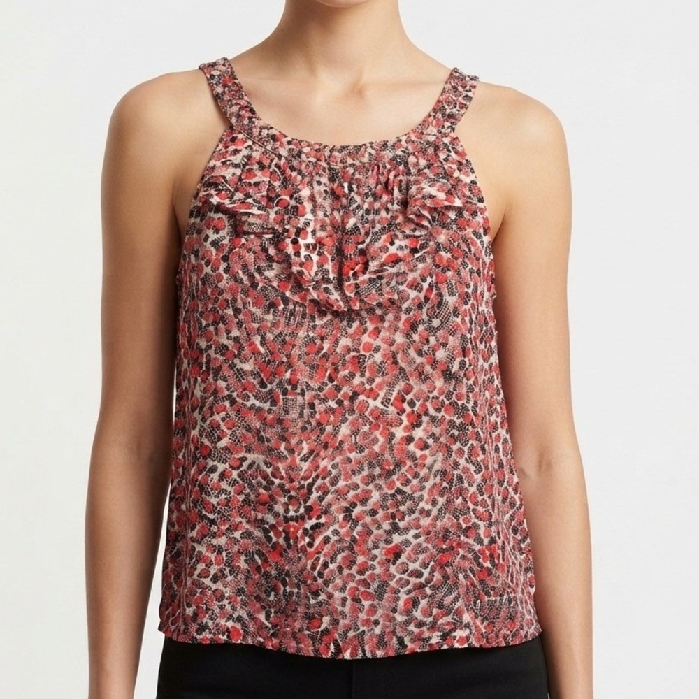 Banana Republic Ruffle Tank Blouse Animal Print Red Black Petite Small